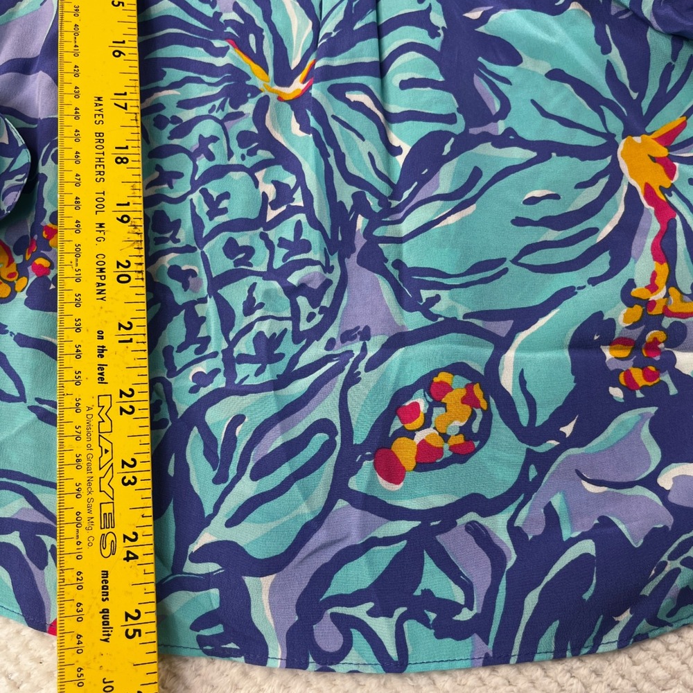 Lilly Pulitzer Elsa Silk Blouse XS Blue Teal Pineapple Floral Long Sleeve Top - Picture 5 of 7